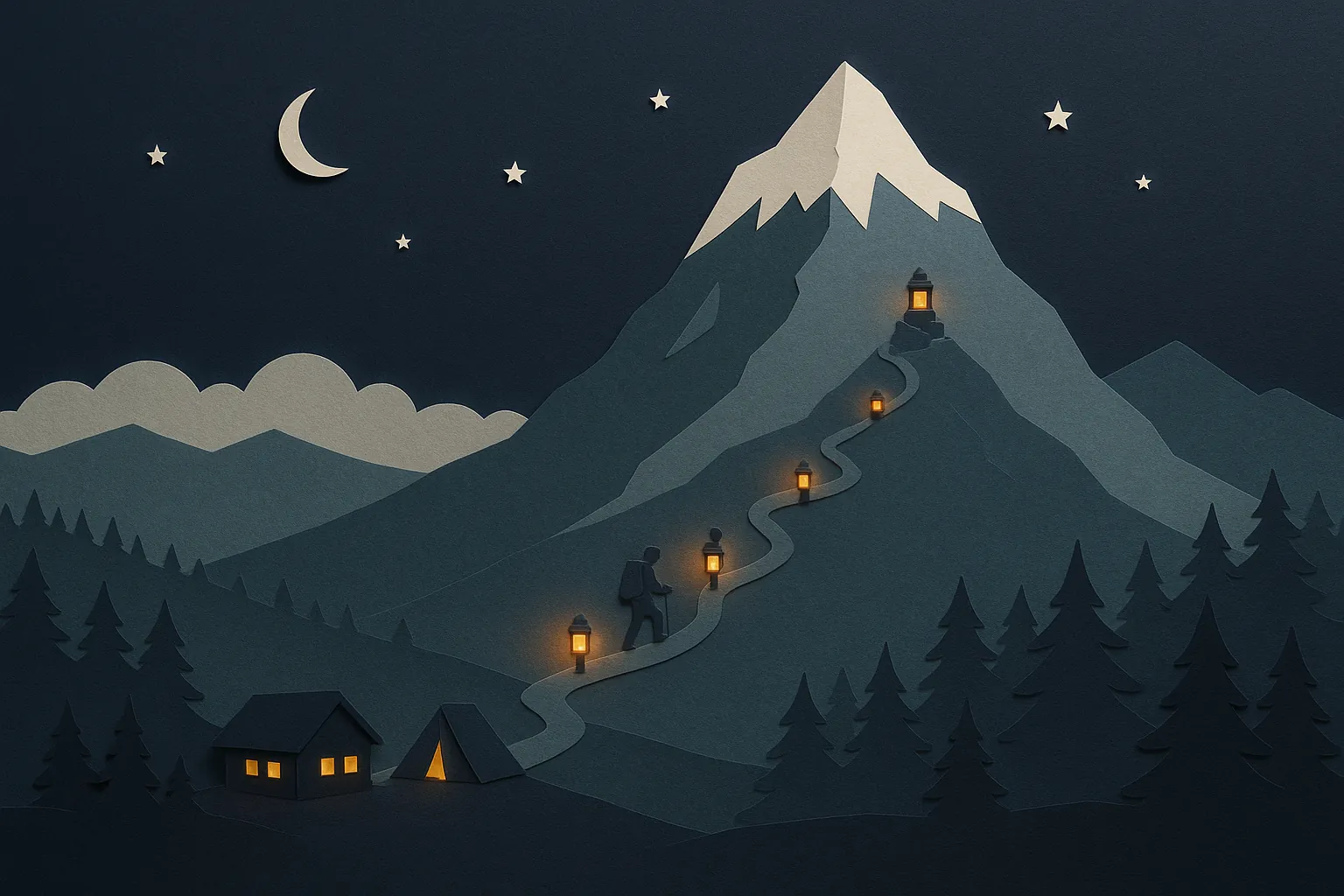 The full mountain: base camp huts and a tent at the foot, eight lanterns on posts along the switchback trail, a cairn with a beacon on the snow-capped summit, a crescent moon above.